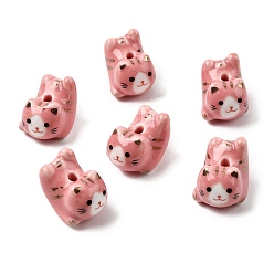 Pink Фарфоровые бусины ручной работы, форма кошки, напечатанный, розовые, 21x16x17 мм, отверстие : 3 мм