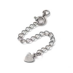 Нержавеющая Сталь Цвет 304 удлинитель цепи из нержавеющей стали, сердце, с пружинными застежками и подвесками, цвет нержавеющей стали, 66 мм, отверстие : 2.5 мм