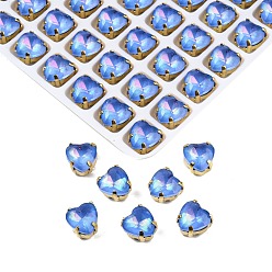 Sapphire Aurora(JM) Sew on Rhinestone, Faceted Glass Rhinestone, Multi-Strand Links, with Golden Tone Brass Settings, Heart, Sapphire, 8x8x5.5mm, Hole: 0.9mm and 1mm