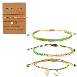Лайм 3шт. 3 стильный регулируемый браслет из нейлонового шнура в богемном стиле, браслет из стеклянных бусин и 304 набор браслетов с подвесками в виде звезд из нержавеющей стали для женщин, с открытки, желто-зеленые, 11.02 дюйм (28 см)