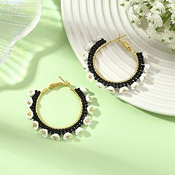 Negro Pendientes de aro de cristal, flor, con fornituras de aretes tipo argolla de hierro, negro, 39x43x6 mm
