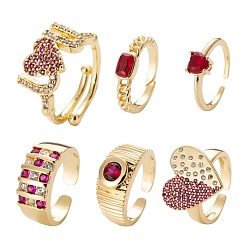 Golden 6Pcs 6 Style Brass Micro Pave Cubic Zirconia Cuff Rings, Open Rings, Long-Lasting Plated, Word & Heart & Ring & Rectangle & Flat Round, Golden, US Size 6(16.5mm)~US Size 8(18mm), 1pc/style