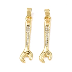 Настоящее золото 18K Латунные микропаве прозрачные подвески с фианитом, гаечные ключи, реальный 18 k позолоченный, 26x7x2 мм, отверстие : 4.5x2.5 мм