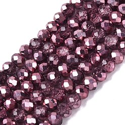Розовый Прозрачные стеклянные бусины гальваническим пряди, рондель, со серебряным покрытием, с половиным покрытием, окрашенная и подогревом, граненые, туманная роза, 4~4.5x3.5~4 мм, отверстие : 0.8~0.9 мм, около 111~115 шт / нитка, 15.75~16.34 дюйм (40~41.5 см)