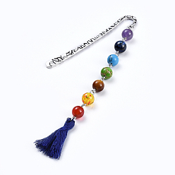 Dunkelblau Chakra-Schmuck, Legierung Bookmarks, mit natürlichen / synthetischen Edelsteinperlen, Baumwollfaden-Quasten, dunkelblau, 146x14.5 mm