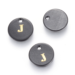 Letter J Süßwasserschalencharme, mit Goldblockschrift, gefärbt, Flachrund, Schwarz, letter.j, 11x1.5 mm, Bohrung: 1.5 mm