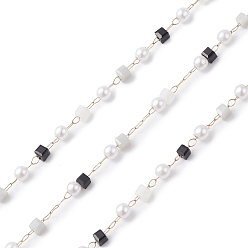 Black Cube & Round Glass & ABS Imitation Pearl Beaded Chains, Unwelded, with 304 Stainless Steel Link Chains, Golden, Black, 2.5~3x2.5~3x2.5mm