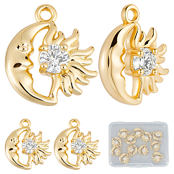 Прозрачный 12подвески из латуни с микропаве из кубического циркония, луна и солнце, долговечный, без никеля , реальный 18 k позолоченный, прозрачные, 14.5x13x4 мм, отверстие : 1.4 мм