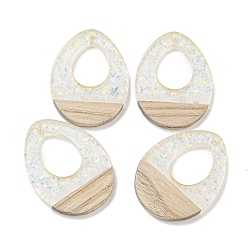 Прозрачный АВ Деревянные подвески, смола и золотая фольга, слеза, ясно AB, 37.5x28x4 мм, отверстие : 2 мм