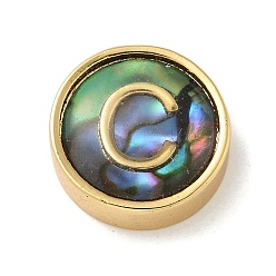 Letter C Латунные бусины, с имитацией смолы ракушки пауа, плоско-круглые, реальный 14 k позолоченный, буква С, 13.5x4 мм, отверстие : 1.6 мм