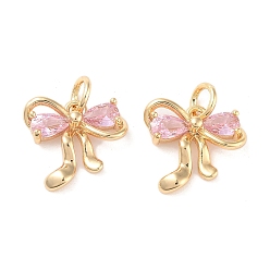Pink Латунные микро проложить кубического циркония подвески, без кадмия, без никеля и без свинца, с прыжковых колец, бантом прелести, реальный 18 k позолоченный, розовые, 12x13x3.5 мм, отверстие : 3 мм