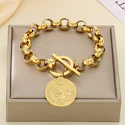 Золотой Плоский круглый с подвесками в виде святых бенедиктов 304 из нержавеющей стали с цепочкой Rolo, золотые, 7-7/8 дюйм (20 см)