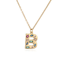 Letter B Ожерелья с подвесками-инициалами из латуни и разноцветными кубическими цирконами для женщин, реальный 18 k позолоченный, В письме, 17.72 дюйм (45 см), Кулон : 23x14 мм