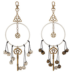 Античная Бронзовый & Платиновый 2шт 2 цветные железные ведьмины колокольчики кулон украшения, дверной звонок, с поворотными застежками сплава, ключ и плоский круглый узел со звездой и тройным узлом, античная бронза и платина, 22.2 см, 2 цветов, 1 шт / цвет, 2 шт / комплект