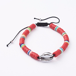 Red Handmade Polymer Clay Braided Beads Bracelets, with Electroplated Cowrie Shell Beads, Brass Beads and Nylon Thread, Red, 2-3/8 inch~3-1/8 inch(6.1~8cm)
