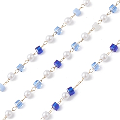 Medium Blue Cube & Round Glass & ABS Imitation Pearl Beaded Chains, Unwelded, with 304 Stainless Steel Link Chains, Golden, Medium Blue, 2.5~3x2.5~3x2.5mm