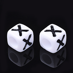 Letter X Letter Acrylic Beads, Cube, White, Letter X, Size: about 7mm wide, 7mm long, 7mm high, hole: 3.5mm, about 2000pcs/500g