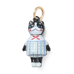 Sky Blue Brass with Enamel Pendants, Cat Shape with Striped Clothes Charms, Golden, Sky Blue, 21x11x7mm, Hole: 4mm