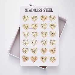 Golden 304 Stainless Steel Stud Earrings, Hypoallergenic Earrings, Heart, Golden, 12x13x1.5mm, Pin: 0.8mm, 12pairs/card