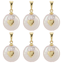 Золотой 6 шт. Подвески из натурального культивированного пресноводного жемчуга., с латунной фурнитурой , самородки с сердцем, долговечный, цвет морской раковины, золотые, 15~27x11~16x6~12 мм, отверстие : 4x2.5 мм