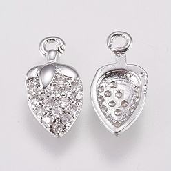 Real Platinum Plated Brass Micro Pave Cubic Zirconia Charms, Strawberry, Real Platinum Plated, 12x6x2mm, Hole: 1mm