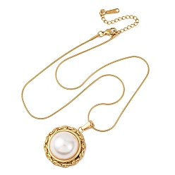 Настоящее золото 18K 304 Женские ожерелья-змейки с полукруглым кулоном из нержавеющей стали и искусственного акрилового жемчуга, белые, ионное покрытие (ip), реальный 18 k позолоченный, 15.83 дюйм (40.2 см)