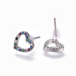 Platinum Brass Cubic Zirconia Stud Earrings, Heart, Colorful, Platinum, 8.5x9x2mm, Pin: 0.8mm