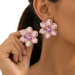 Rosy Brown Alloy Rhinestone Stud Earrings for Women, Flower, Rosy Brown, 43x38mm