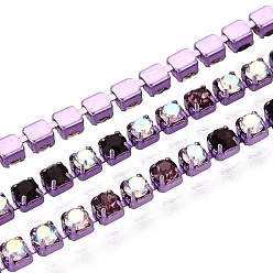 Amatista Cadenas de la taza del Rhinestone de hierro, sqaure, con carrete, amatista, 2x2x2 mm, sobre 10 yardas / rodillo