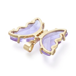Lavender Brass Micro Pave Clear Cubic Zirconia Pendants, with Glass, Butterfly, Golden, Lavender, 20x26.5x5mm