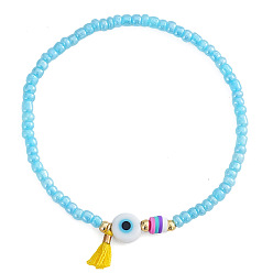 Синий Браслеты из стеклянного бисера, имитирующие оберег от сглаза, на резинке, браслеты с кисточками и подвесками для женщин, синие, внутренний диаметр: 6.89 дюйм (17.5 см)