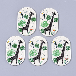 Floral White Acrylic Big Pendants, Tropical Leaf Charms, 3D Printed, Oval, Giraffe & Monstera Leaf & Bird Pattern, Floral White, 50x30.5x2.5mm, Hole: 1.6mm