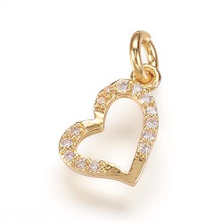 Золотой Латунные микро проложить кубического циркония подвески, сердце прелести, золотые, 12.5x8x2 мм, отверстие : 3 мм