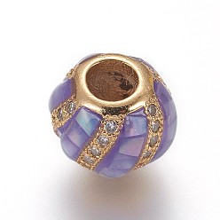 Лиловый Латунные микро проложить Цирконий Европейский бисером, бусины с большим отверстием, с эмалью и пресноводной оболочкой, круглые, золотые, сирень, 10x8 мм, отверстие : 4 мм
