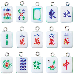 Mixed Color 30Pcs 15 Styles Resin Pendants, with Iron Finding, Imitation Mahjong Tiles, Green, Rectangle, Mixed Color, 19.5~20.5x11.5x7~7.5mm, Hole: 2~2.2mm, 2pcs/style