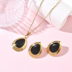 Black 304 Stainless Steel Enamel Teardrop Stud Earrings & Pendant Necklaces Sets for Women, Golden, Black, 25x19mm
