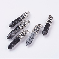Snowflake Obsidian Natural Snowflake Obsidian Big Pointed Pendants, with Alloy Findings, Faceted, Bullet, Platinum, 59~63x11~12mm, Hole: 4x7mm