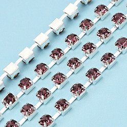 Фуксиновый Цепочки из посеребренной латуни со стразами и стразами, горный хрусталь чашка цепи, без кадмия и без свинца, пайки, с катушкой, красно-фиолетовые, 3 мм, около 32.81 футов (10 м) / рулон