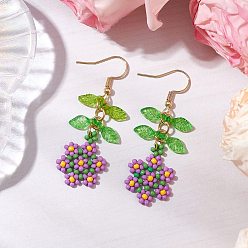 Lilac Handmade Glass Seed Dangle Earrings, Loom Pattern, Flower, Golden, Lilac, 52.5x17mm