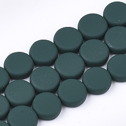Dark Green Spray Painted Non-magnetic Synthetic Hematite Beads Strands, Flat Round, Dark Green, 8x3mm, Hole: 1mm, about 48pcs/strand, 15.7 inch