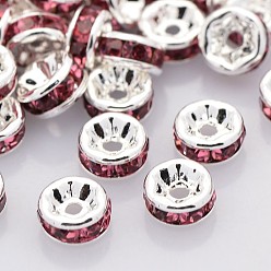 Rose Brass Rhinestone Spacer Beads, Grade AAA, Straight Flange, Nickel Free, Silver Metal Color, Rondelle, Rose, 6x3mm, Hole: 1mm