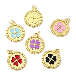 (52) Непрозрачная лаванда Латунь эмаль подвески, плоские круглые подвески с клевером и соединительными кольцами, без свинца и без кадмия, долговечный, стойки покрытие, реальный 18 k позолоченный, разноцветные, 22.5x19.5x2.5 мм, отверстие : 3.4 мм