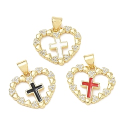 Mixed Color Religion Cross Brass Micro Pave Clear Cubic Zirconia Pendants, Heart Charms with Enamel, Lead Free & Cadmium Free, Long-Lasting Plated, Rack Plating, Real 18K Gold Plated, Mixed Color, 17x20x2mm, Hole: 5x3.5mm
