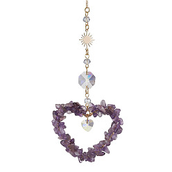 Аметист Кулон в форме сердца с натуральным аметистом drcorations, восьмиугольные стеклянные солнцезащитные светильники с латунным солнцем, 230 мм