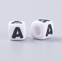 Letter A Letter Acrylic Beads, Cube, White, Letter A, Size: about 7mm wide, 7mm long, 7mm high, hole: 3.5mm, about 2000pcs/500g
