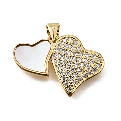 Настоящее золото 18K Подвески в форме ракушек из латуни с микропаве и кубическим цирконием, без кадмия и без свинца, сердце, реальный 18 k позолоченный, 18x26x3 мм, отверстие : 3.5x4.5 мм