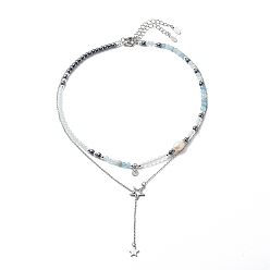 Color de Acero Inoxidable 2 piezas 2 estilo 304 concha de acero inoxidable y dijes de estrella collares lariat engastados con perla natural, collares de cuentas de opalita y aguamarina natural y hematita sintética para mujer, color acero inoxidable, 15.59~19.06 pulgada (39.6~48.4 cm), 1 pc / estilo