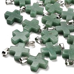 Зеленый Авантюрин Естественный зеленый авантюрин подвески, из нержавеющей стали с цветным покрытием 201 защелки из нержавеющей стали на дужках, крестик, 23~24x20x6 мм, отверстие : 7x4.5 мм