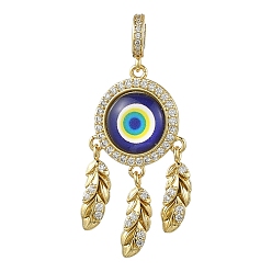 Золотой Латунные подвески из прозрачного кубического циркония в европейском стиле, Подвески с изображением сглаза из синей эмали с пером и большим отверстием., золотые, 48 мм, отверстие : 5 мм