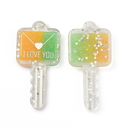 Green Two Tone Resin Big Pendants, Valentine's Day Theme, Glitter Powder, Envelope Key with Word I LOVE YOU, Green, 57.5x28x6mm, Hole: 2.3mm